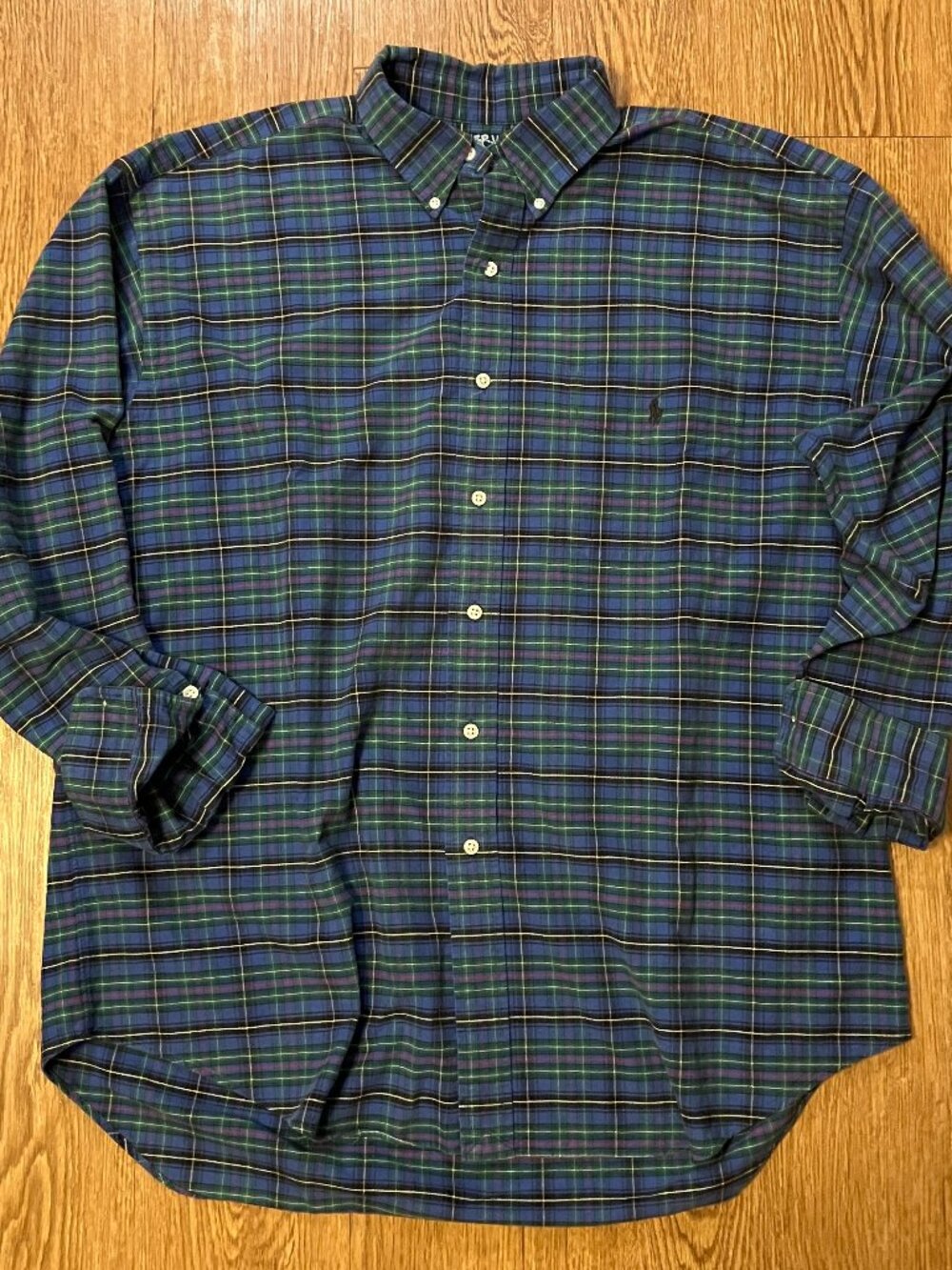 Vintage 90s Polo Ralph Lauren The Big Shirt Mens L Plaid Button Down Blue Pocket
